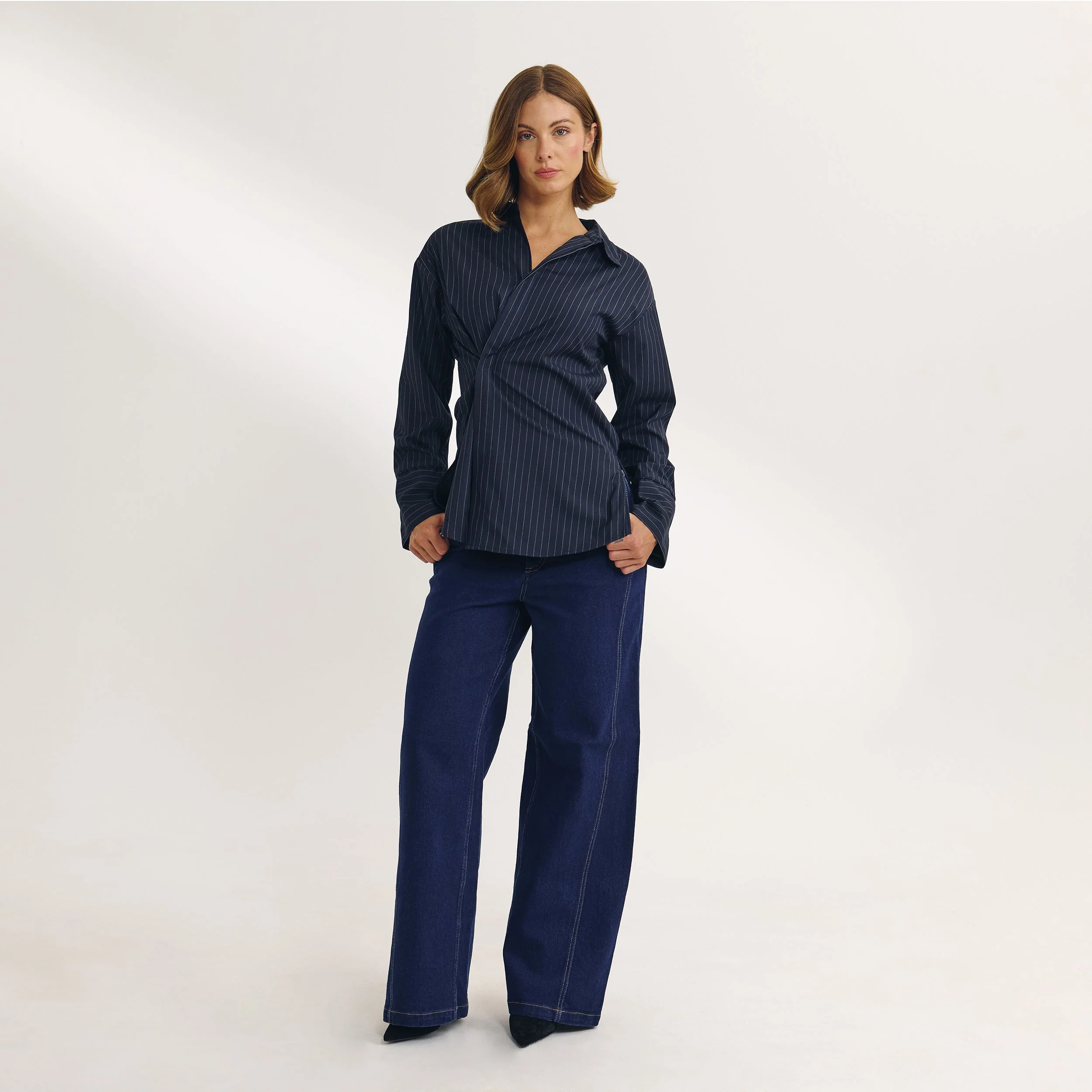 Asymmetric Shirt - Navy Pinstripe