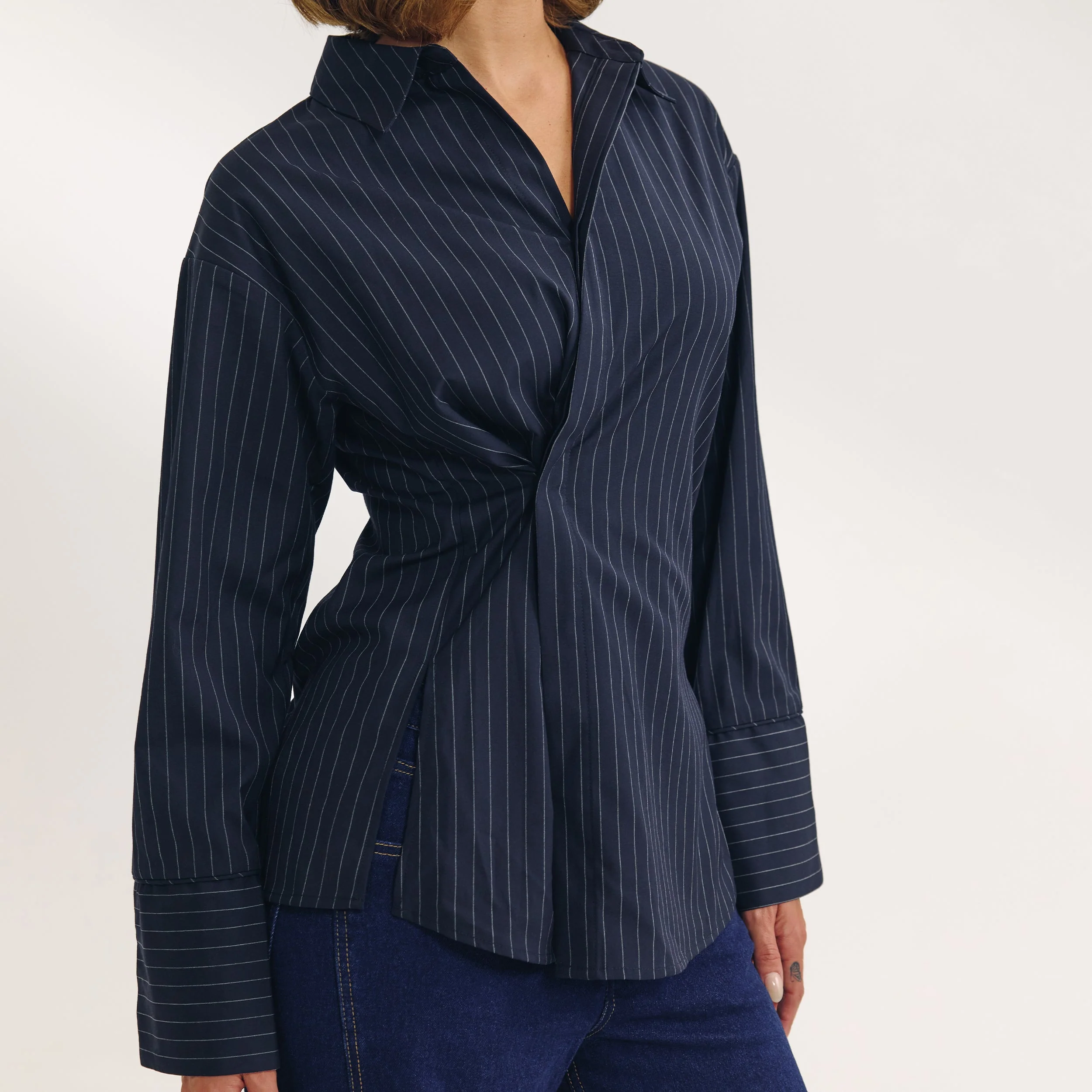 Asymmetric Shirt - Navy Pinstripe - Image 2