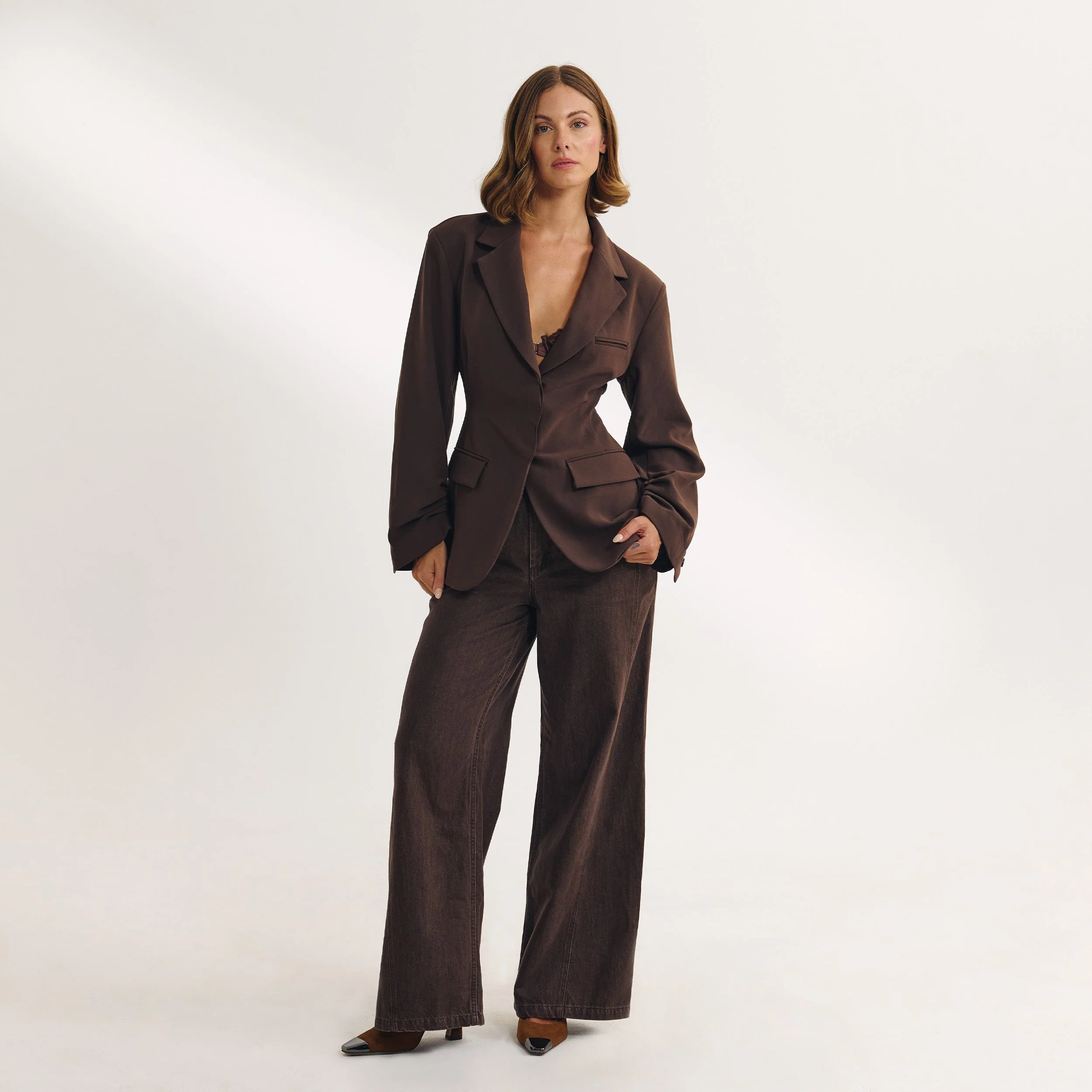 Draped Sleeve Blazer - Chocolate - Image 2