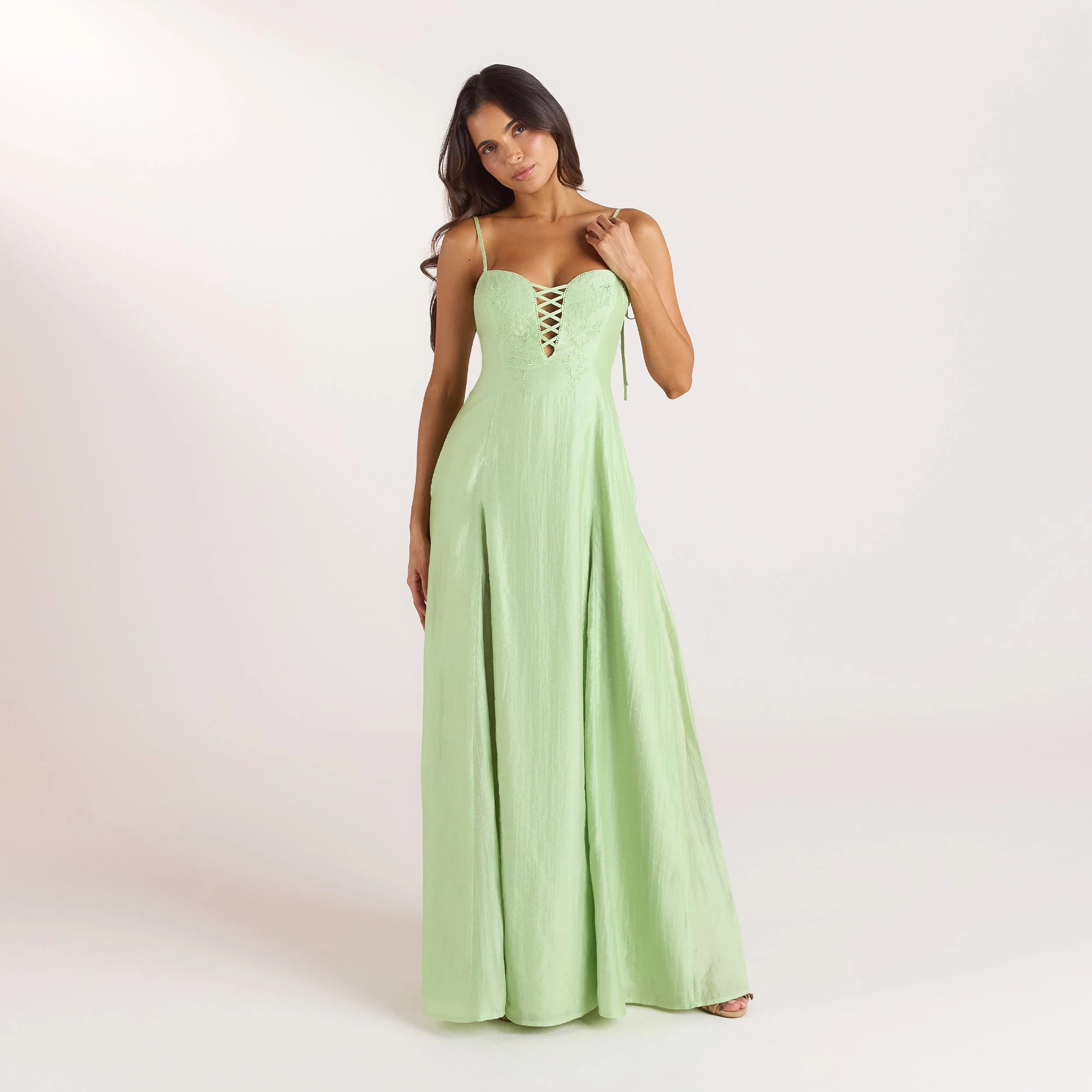 Embroidered Lace-Up Maxi Dress - Green