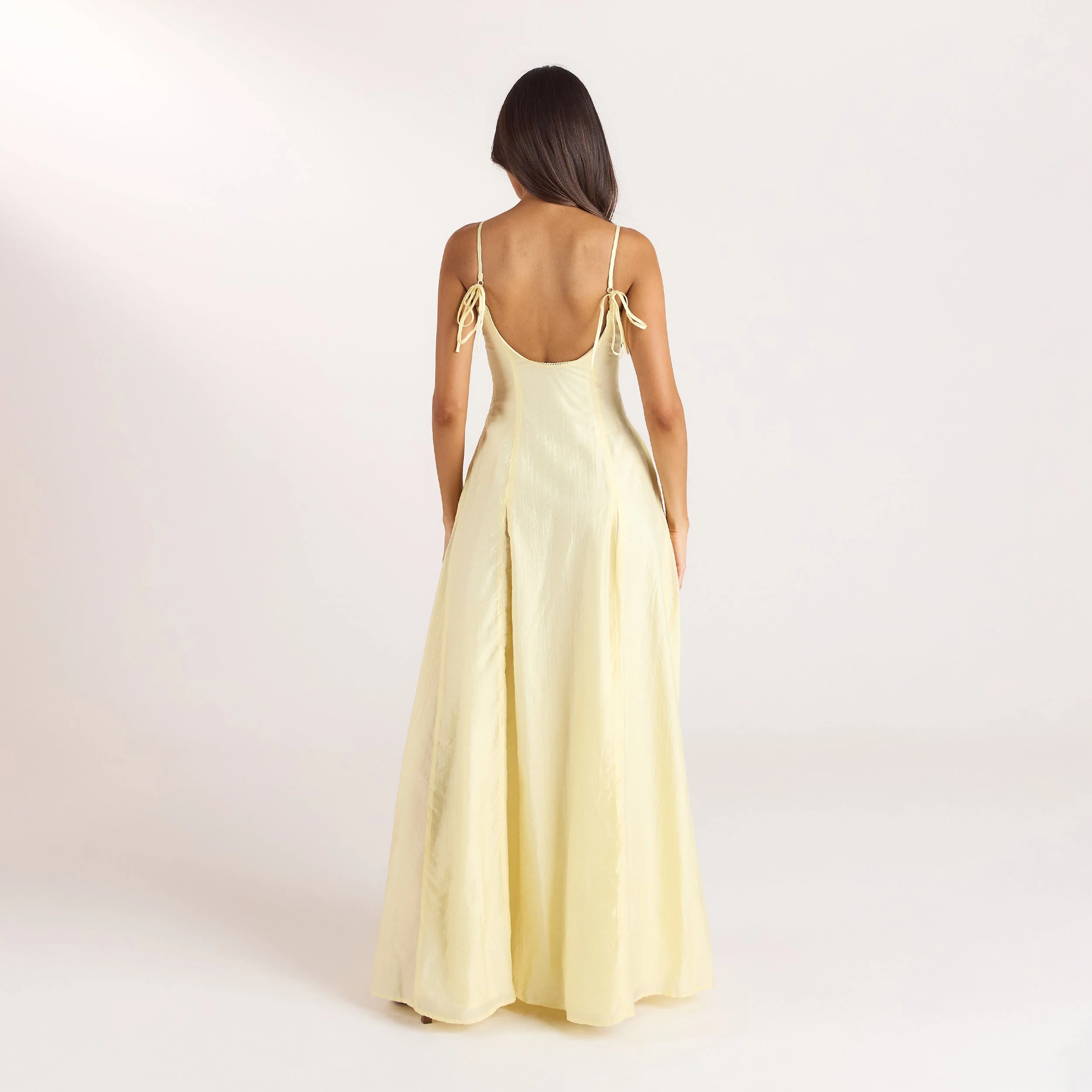 Embroidered Lace-Up Maxi Dress - Lemon - Image 3