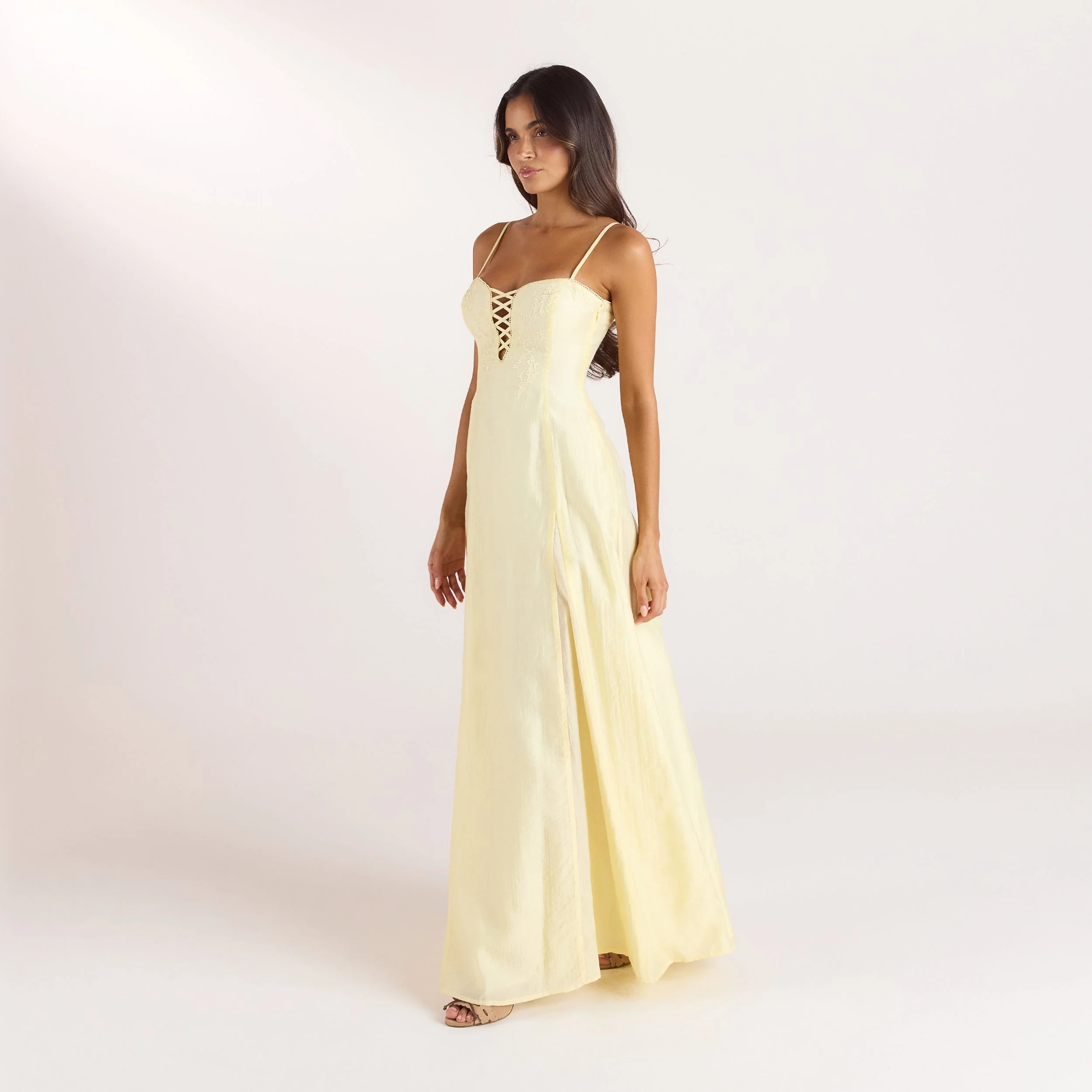 Embroidered Lace-Up Maxi Dress - Lemon - Image 4