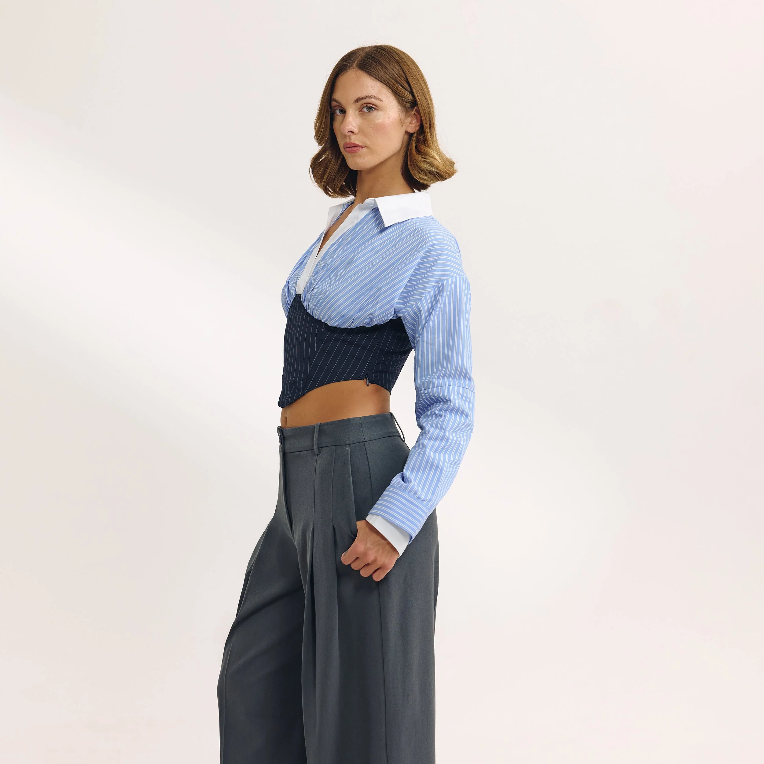 Long-Sleeved Corset Shirt - Blue - Image 3