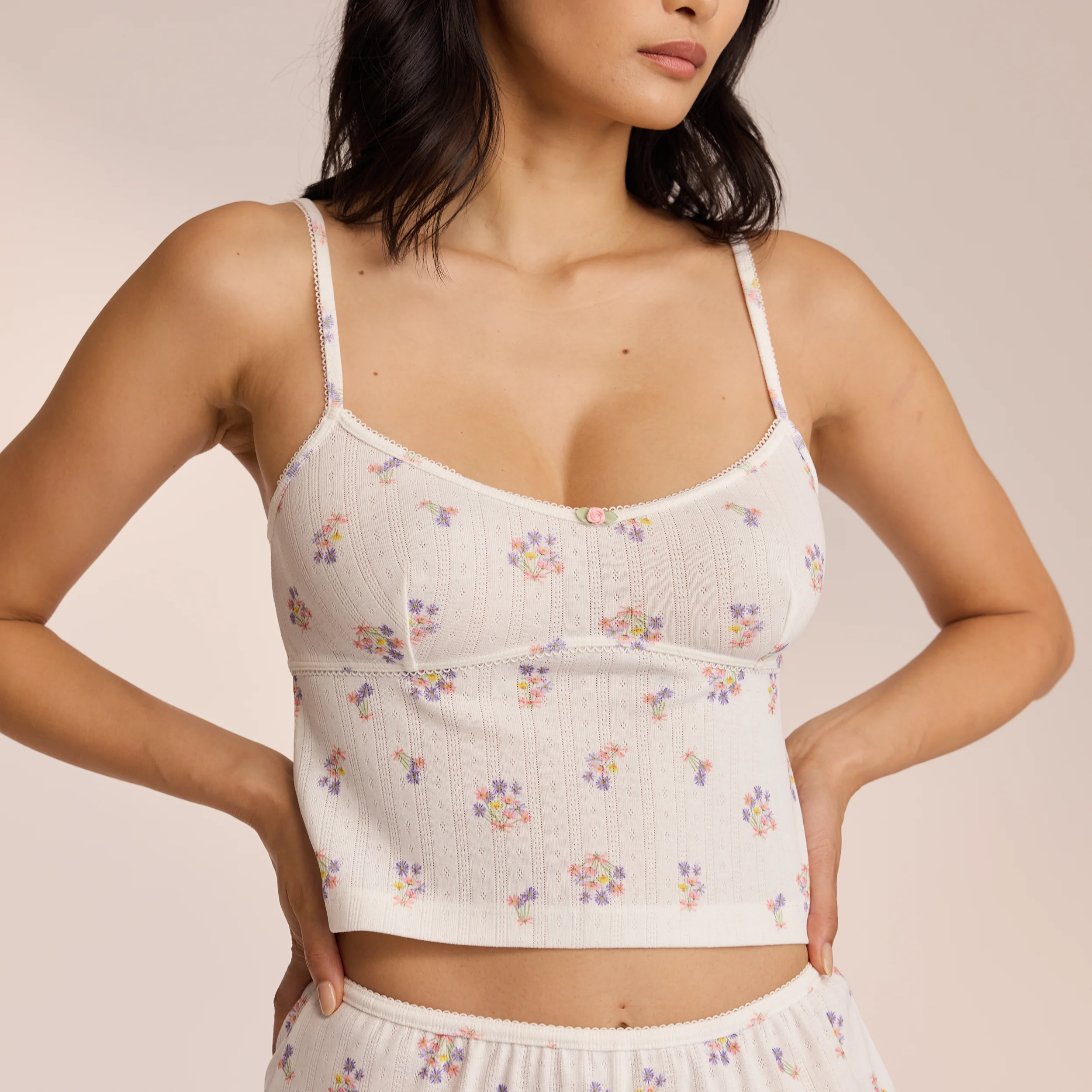 Pointelle Cami Pyjama Top - White Floral - Image 3