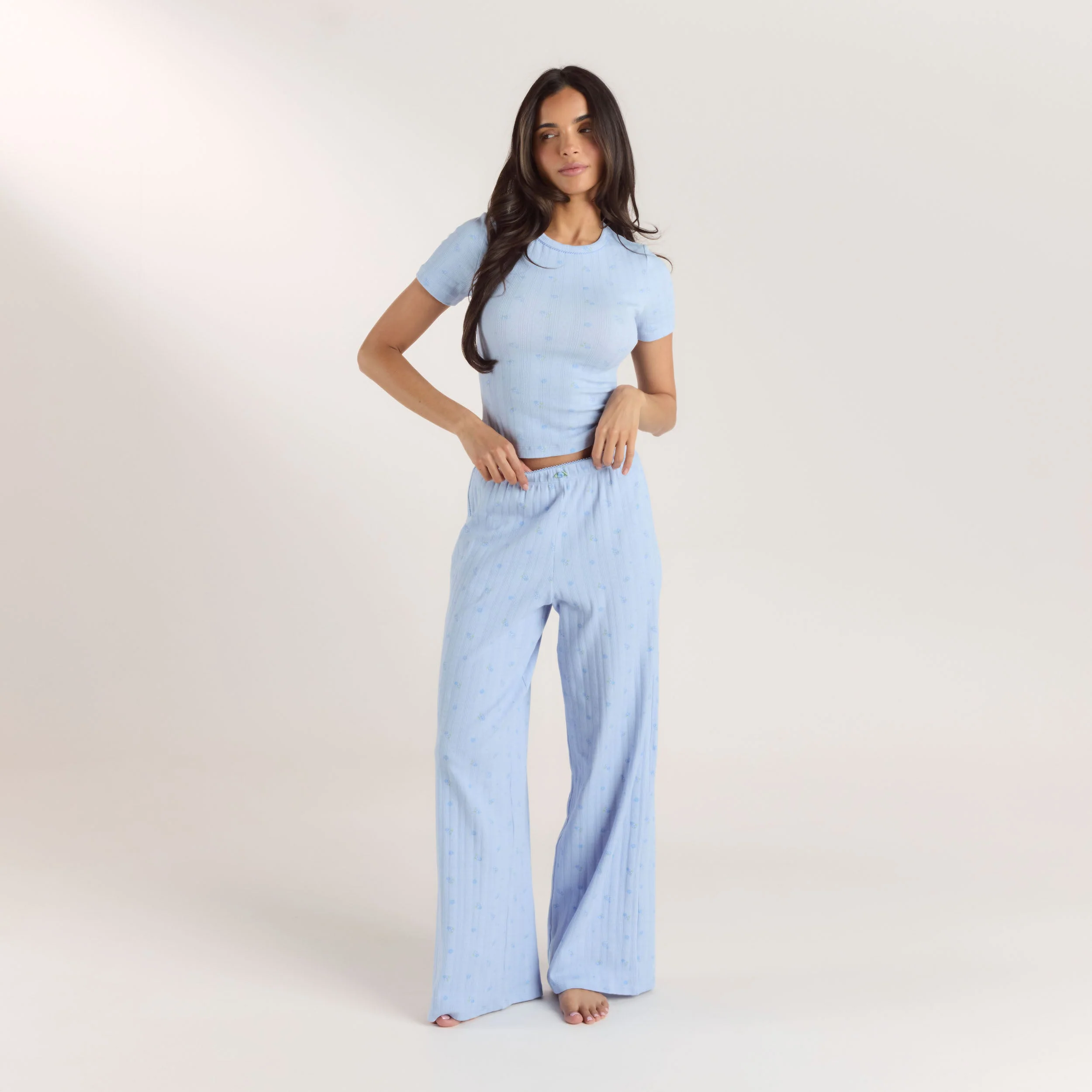 Pointelle Fitted Pyjama Top - Blue Floral - Image 3