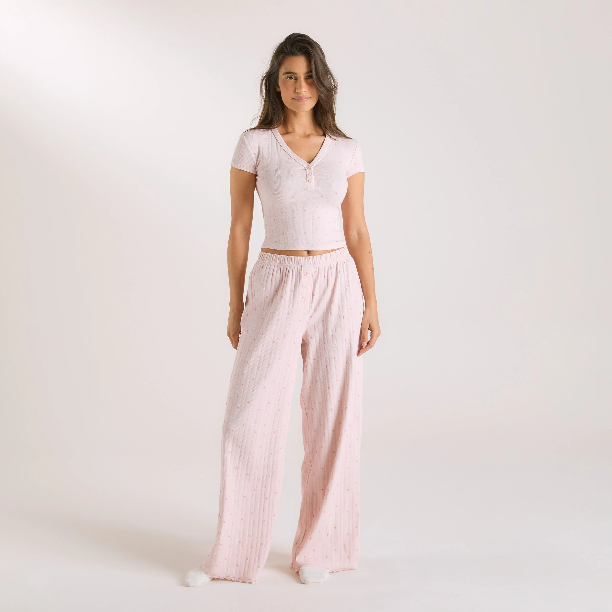 Pointelle Pyjama Bottoms - Pink Floral - Image 3