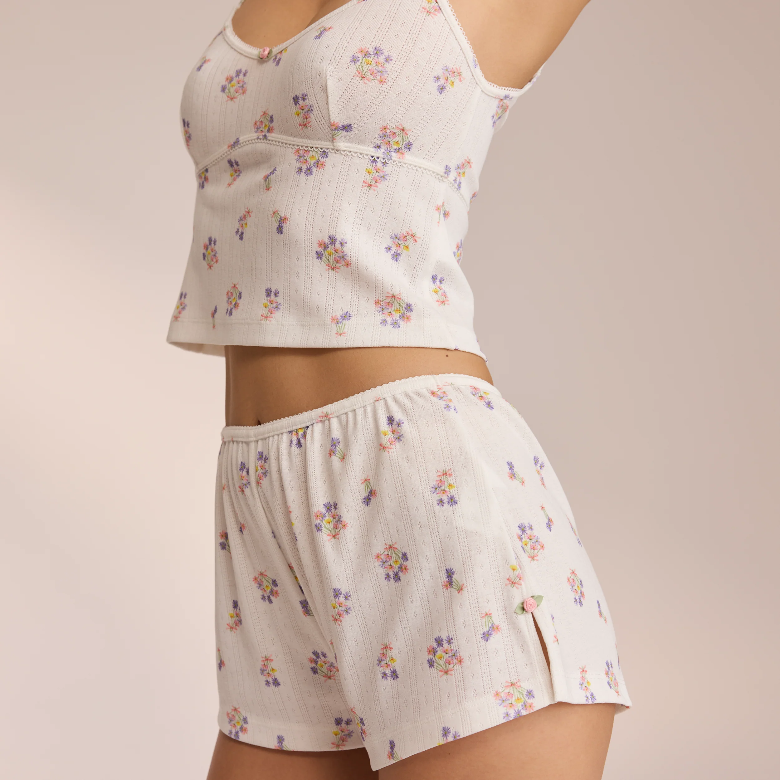 Pointelle Pyjama Shorts - White Floral - Image 3