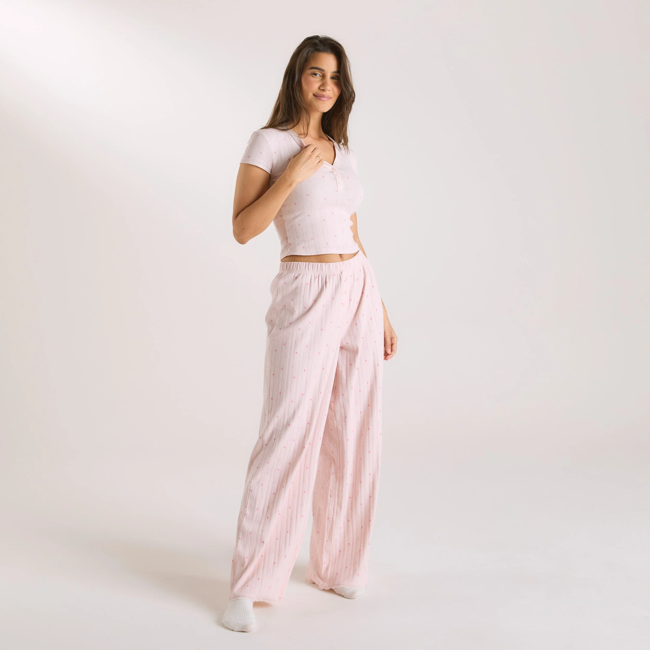 Pointelle Pyjama Top - Pink Floral - Image 4