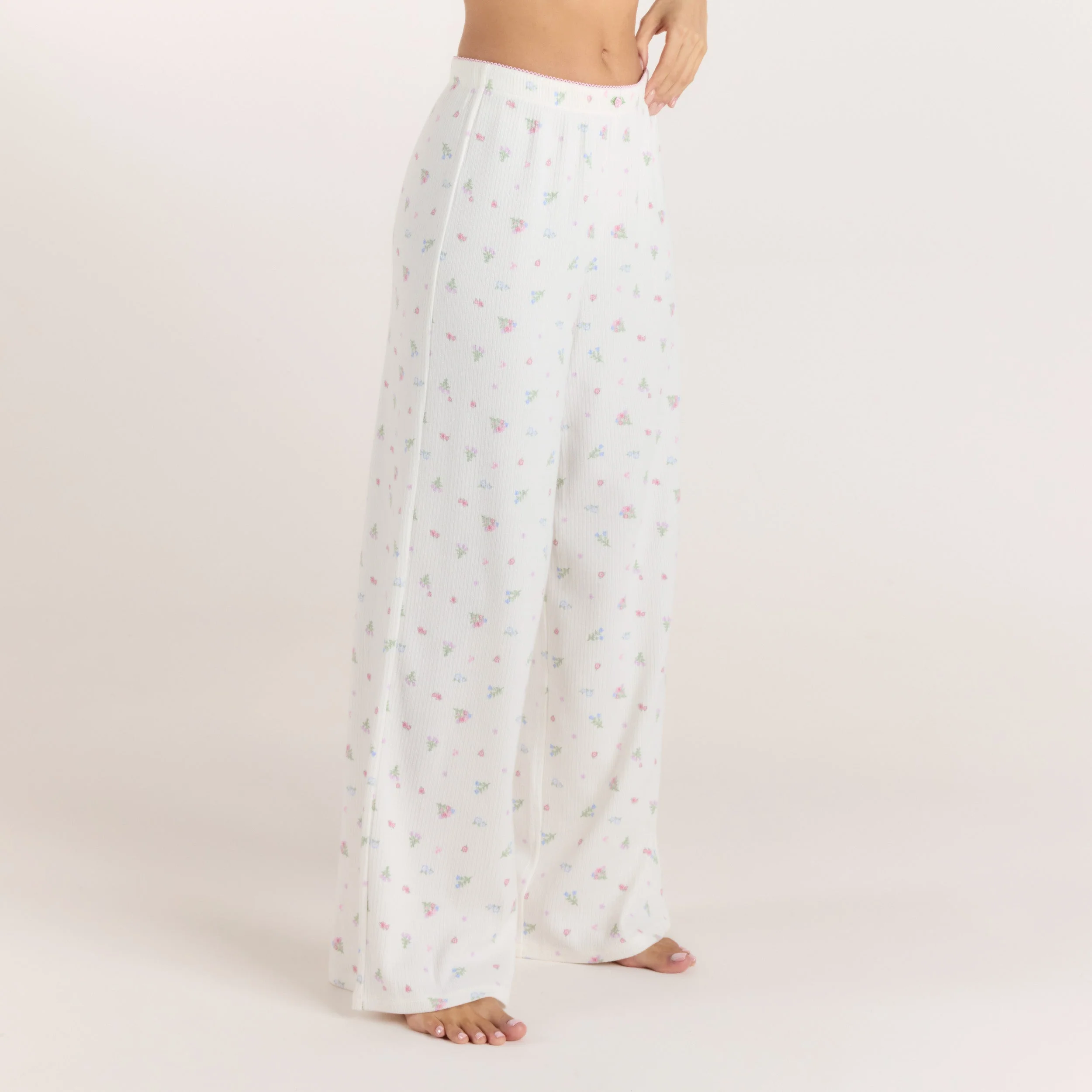 Ribbed Pyjama Bottoms - White Floral - Image 5