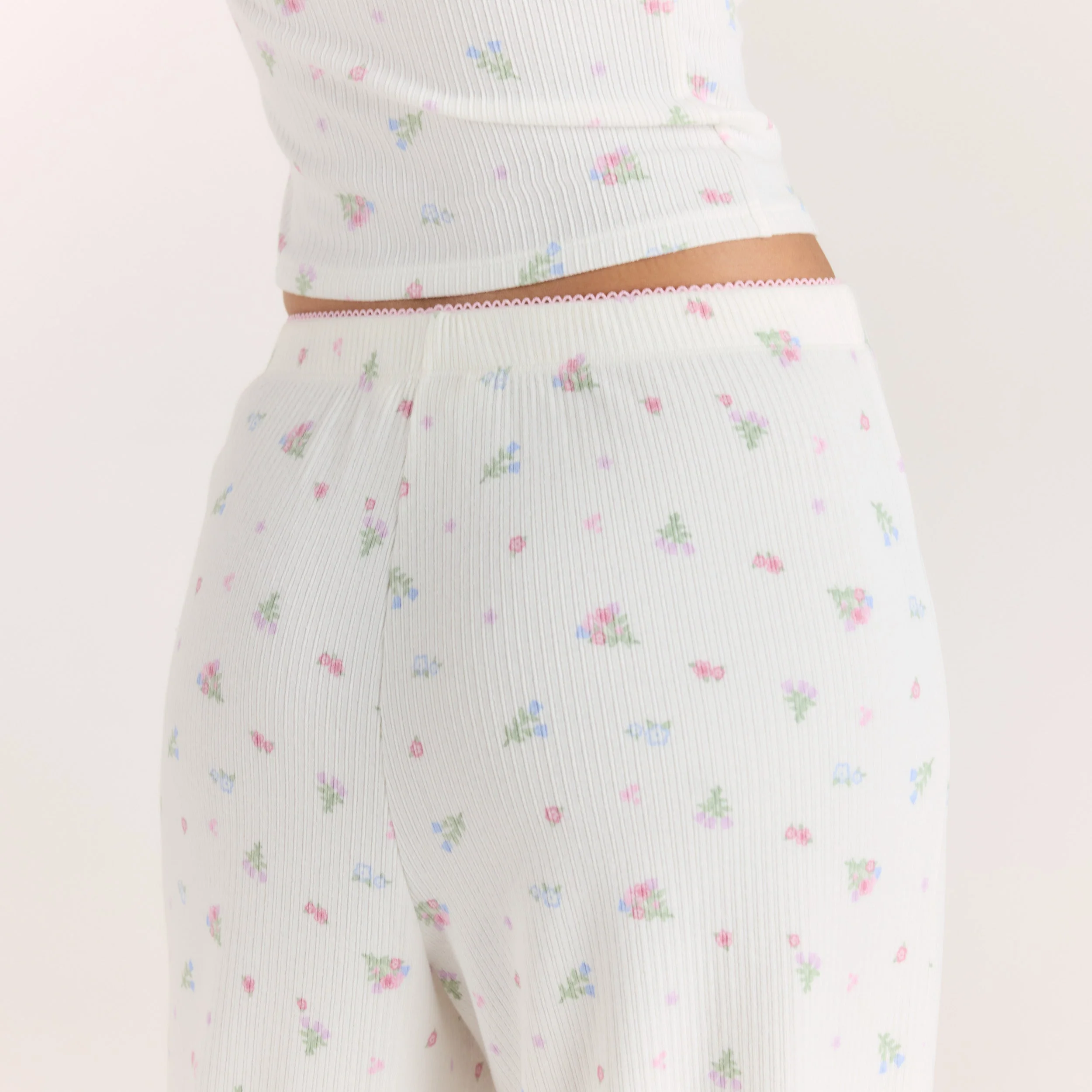 Ribbed Pyjama Bottoms - White Floral - Image 6