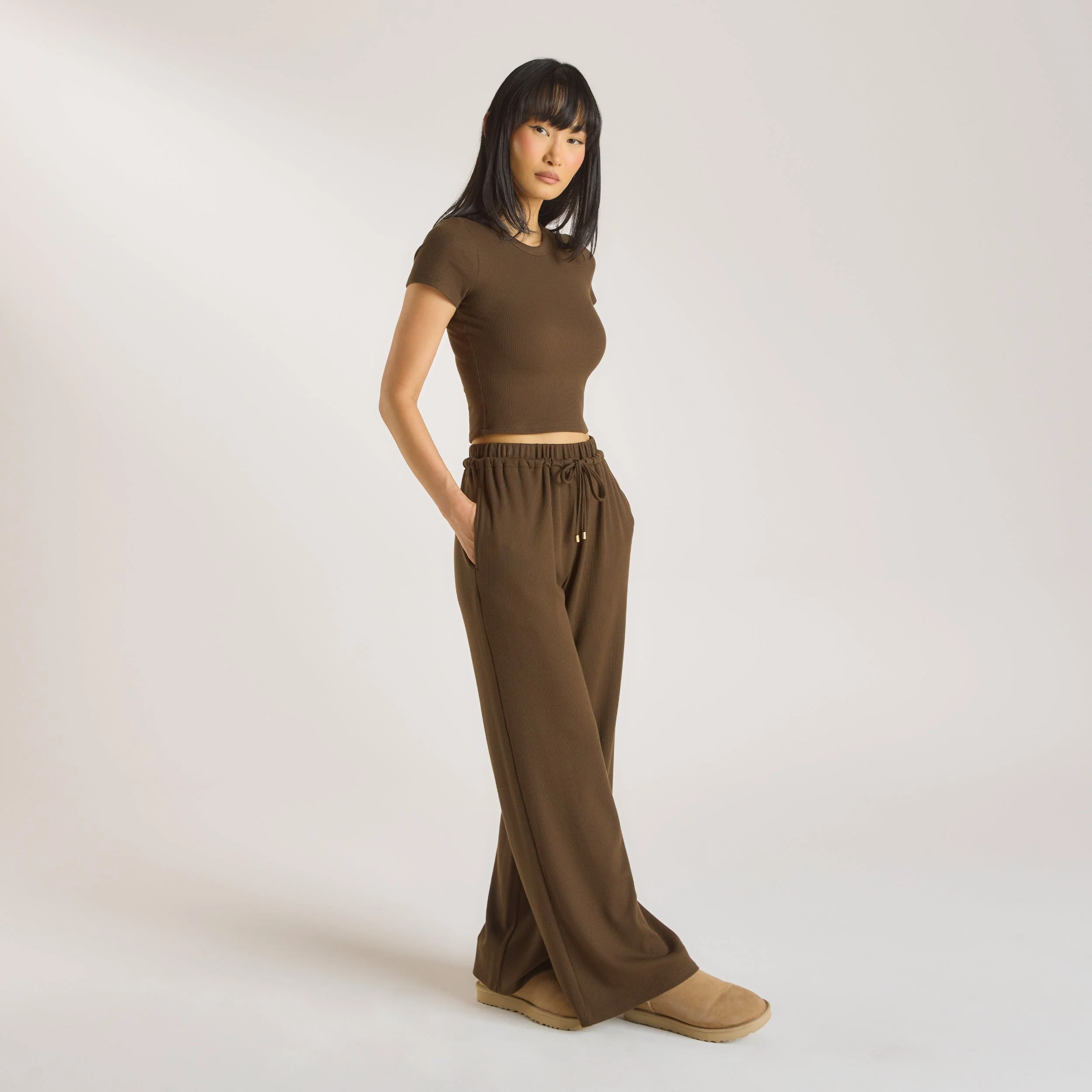 Waffle Wide Leg Trousers - Chocolate - Image 3