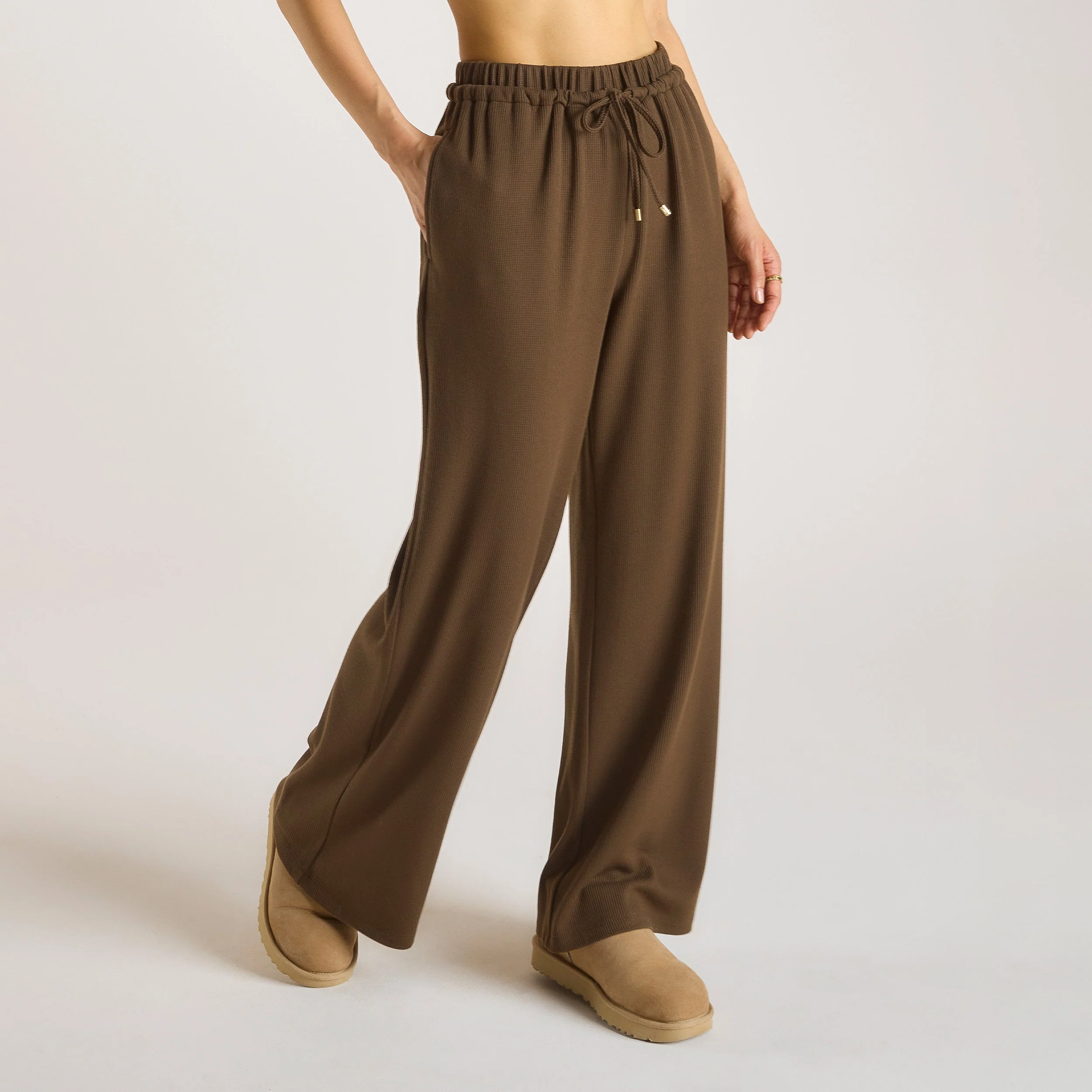 Waffle Wide Leg Trousers - Chocolate - Image 5