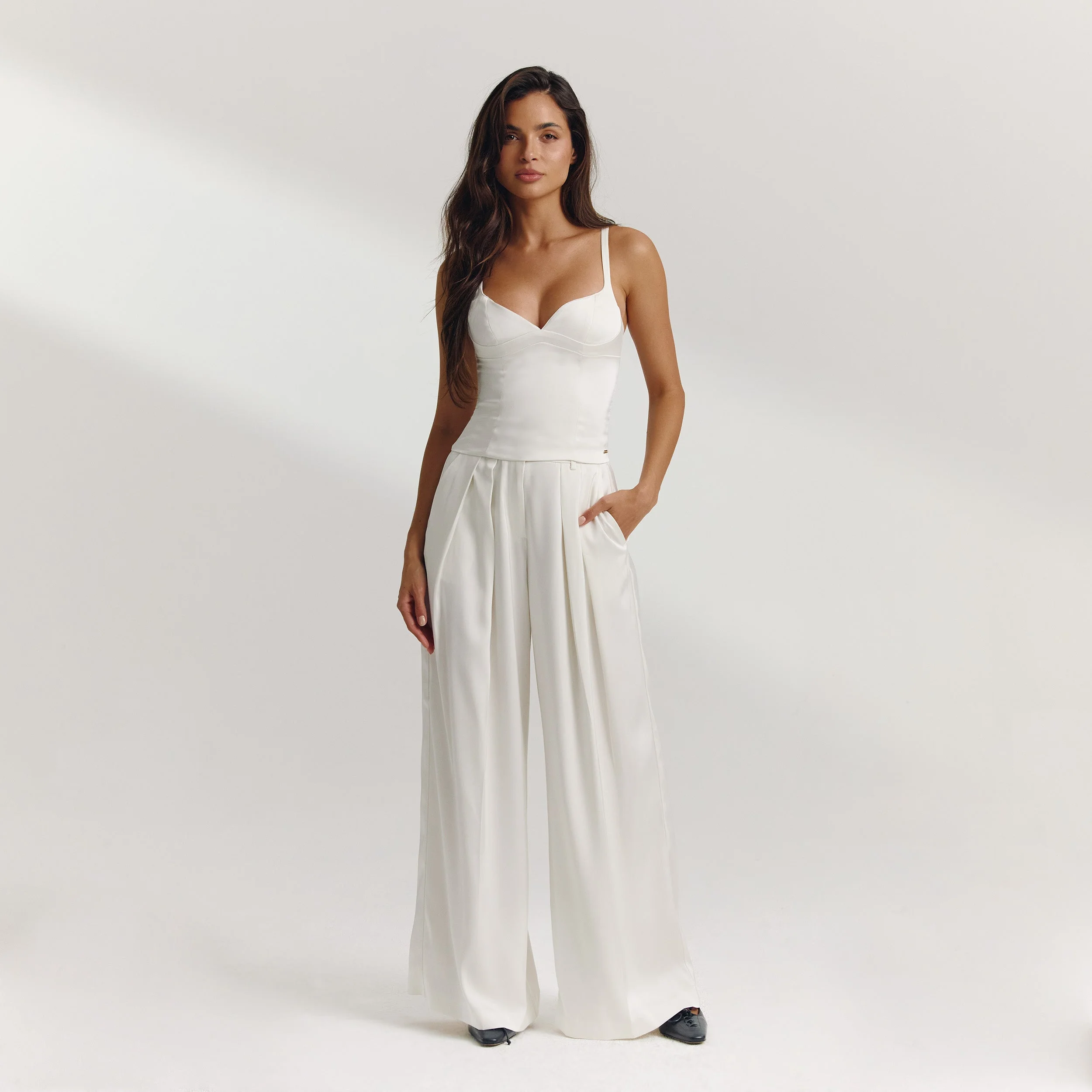 Satin Wide-Leg Trousers - Off White - Image 2